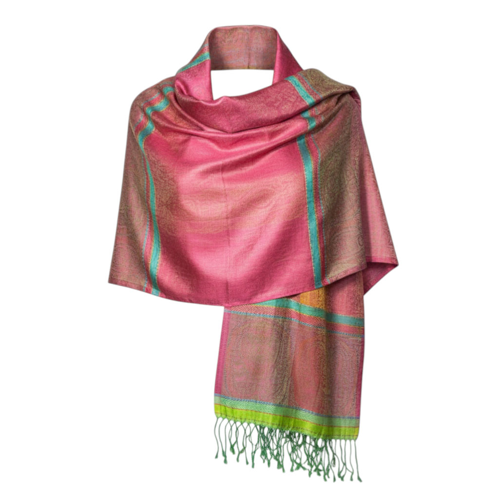 Pink Silk Paisley Shawl With Lime Accents